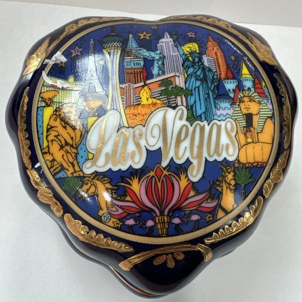 Vintage Las Vegas Ceramic Heart Trinket Box Cobalt Blue Gold Souvenir Jewelry